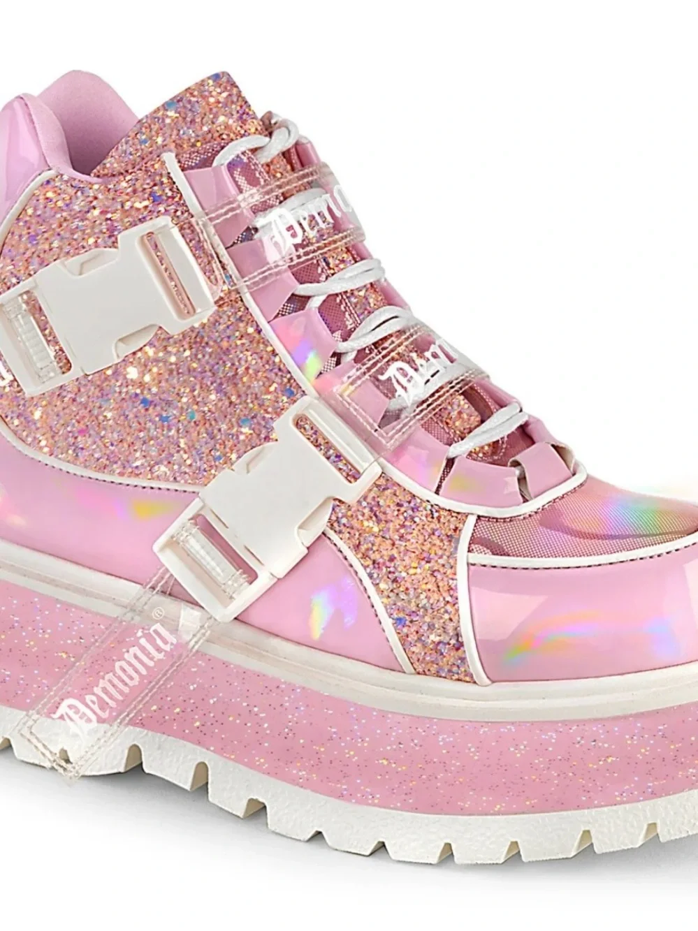 Demonia Glitter Holographic Baby Pink Platform Sneaker